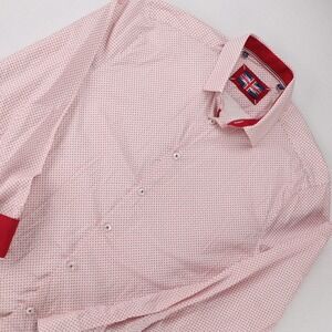 Soul of London Mens Button Down Shirt Red White Geometric Print Stretch‎ Large